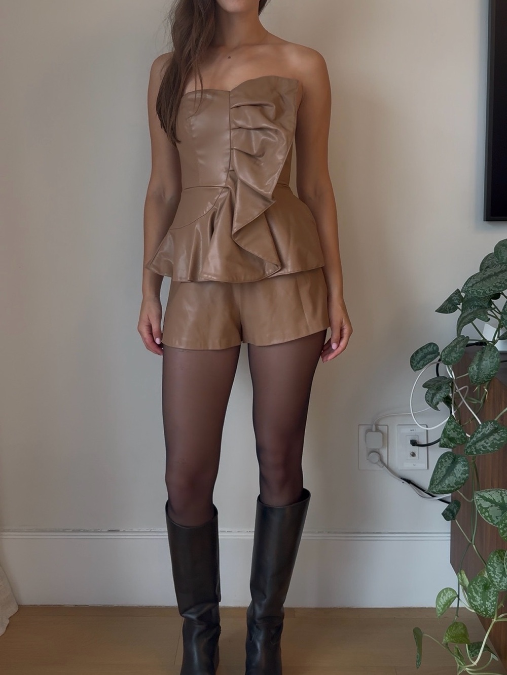 Brown Faux Leather Strapless Peplum Romper
